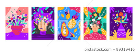 Flower bouquet, abstract fruit patterns. Invitation with papaya, lemon and pineapple, cute summer woman. Bright colors, doodle drawing posters set. Positive thinking. Vector garish illustration flyers 99319416