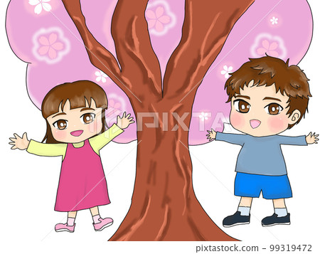 Boys and girls happy in front of the cherry tree Boys and girls happy in front of the cherry tree 99319472