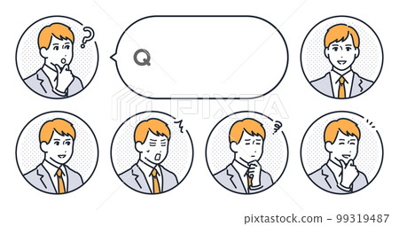 Vector illustration set material of a simple face icon of a young man in a suit and a speech bubble 99319487