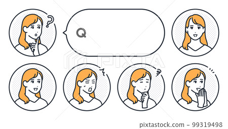 年輕女性簡單臉圖標和對話泡泡矢量插畫集素材 99319498