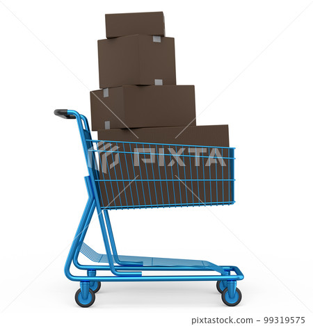 Shopping cart or trolley with cardboard boxes on white background. 99319575
