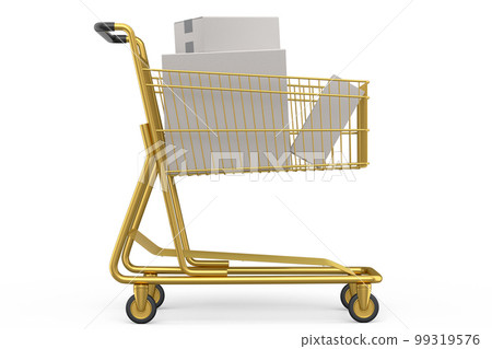 Shopping cart or trolley with cardboard boxes on white background. 99319576