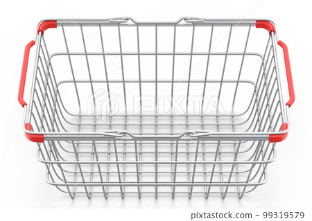 Metal wire basket from supermarket for online shopping on white background. 99319579