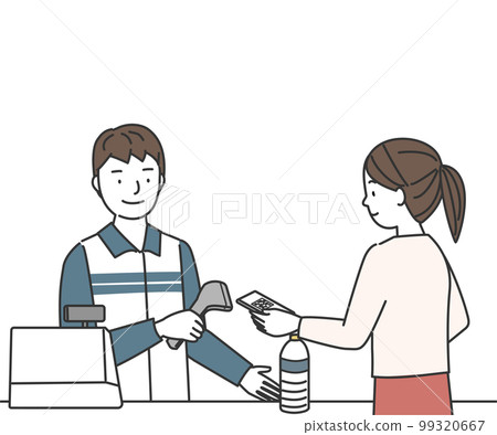 A female customer and a male clerk who make a smartphone payment at a convenience store cash register A female customer and a male clerk who make a smartphone payment at a convenience store cash register 99320667