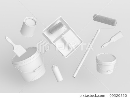 Set of metal cans or buckets with paint roller, brush and folding ladder 99320830