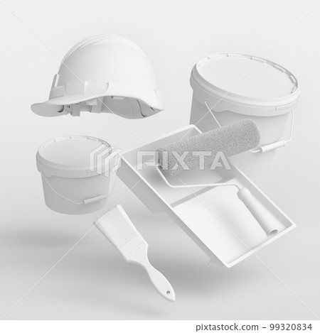 Set of flying safety helmet, bucket, tray with paint rollers and brushes Set of flying safety helmet, bucket, tray with paint rollers and brushes 99320834