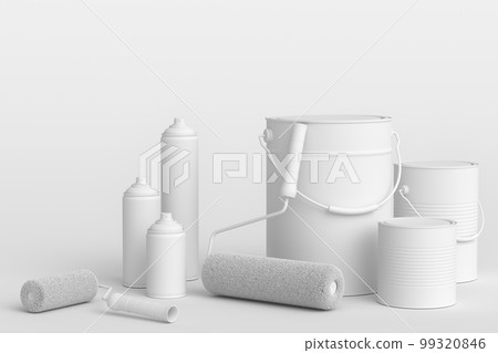 Set of metal and plastic buckets, spray paint, paint roller and brush Set of metal and plastic buckets, spray paint, paint roller and brush 99320846