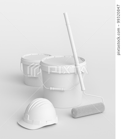 Set of safety helmet, bucket with paint rollers and brushes on monochrome. Set of safety helmet, bucket with paint rollers and brushes on monochrome. 99320847