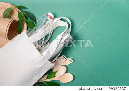 Eco friendly shopping bag with cutlery. Zero waste concept. Plastic free concept. Top view, flat lay, copy space. 99320887