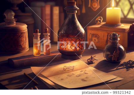 Alchemist worktable. Wizard laboratory with scientific flasks and scrolls, ai illustration Alchemist worktable. Wizard laboratory with scientific flasks and scrolls, ai illustration 99321342