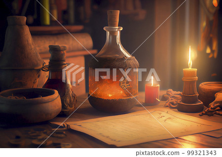 Alchemist worktable. Wizard laboratory with scientific flasks and scrolls, ai illustration Alchemist worktable. Wizard laboratory with scientific flasks and scrolls, ai illustration 99321343