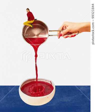 Food pop art photography. Bowl with tomato pasta and girl. Contemporary art collage. Concept of creativity, degustation, surreal art, retro style. Food pop art photography. Bowl with tomato pasta and girl. Contemporary art collage. Concept of creativity, degustation, surreal art, retro style. 99321844