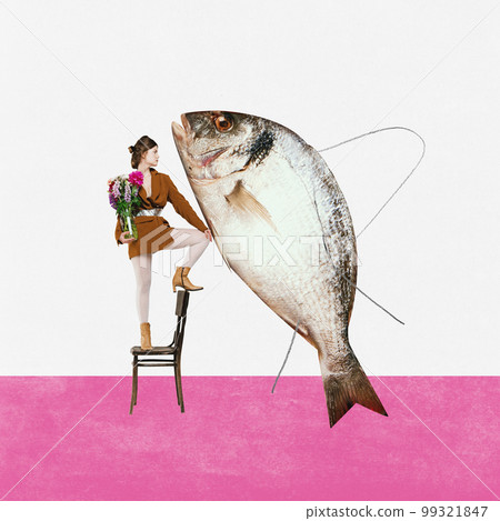 Stylish girl and huge raw fish. Contemporary art collage. Concept of weird people, creativity, degustation, surreal art, retro style. International women's day 99321847