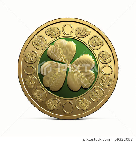 Golden coin with four leaf clover isolated on a white background. St. Patrick's day symbol 99322098