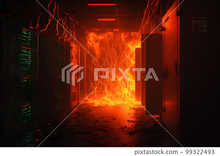 Disaster in server room or data center storage room on fire burning. Neural network AI generated art Disaster in server room or data center storage room on fire burning. Neural network AI generated art 99322493