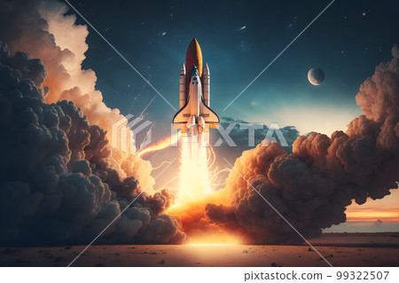 New Ship flies to another planet. Spaceship takes off into the starry sky Rocket starts into space. Neural network AI generated art 99322507