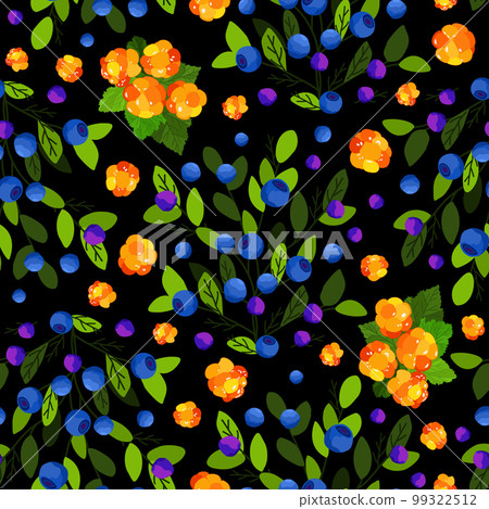 Vector seamless pattern with cloudberry and bluberry with branches and leaves on black background. 99322512