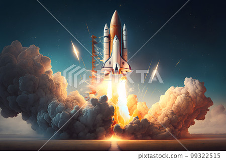 New Ship flies to another planet. Spaceship takes off into the starry sky Rocket starts into space. Neural network AI generated art 99322515