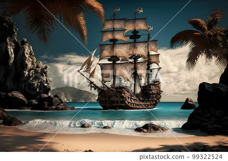 Pirate ship at the open sea close to rocks and small island with palms. Neural network AI generated art Pirate ship at the open sea close to rocks and small island with palms. Neural network AI generated art 99322524