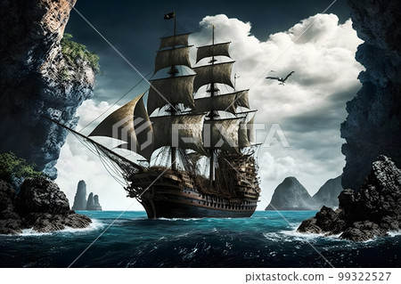 Pirate ship at the open sea close to rocks and small island with palms. Neural network AI generated art 99322527