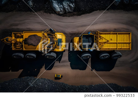 Open pit mine, extractive industry for coal. Big yellow mining truck machinery for coal quarry. Neural network AI generated art 99322533