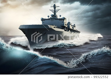 Navy aircraft carrier in wavy sea water. Neural network AI generated art 99322552