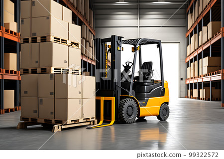 Warehouse with fully loaded forklift between rows in the big interior space. Neural network AI generated art Warehouse with fully loaded forklift between rows in the big interior space. Neural network AI generated art 99322572