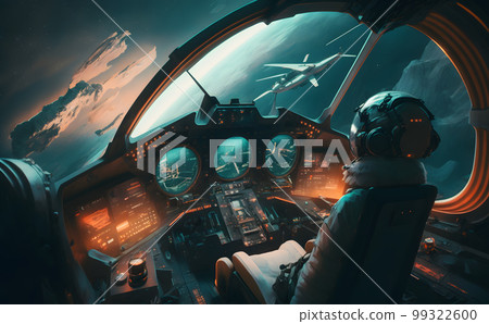 Airplane cockpit view during intergalaxy journey flight or spaceship battle. Neural network AI generated art 99322600