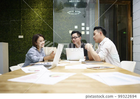 three young asian entrepreneurs meeting in office discussing business three young asian entrepreneurs meeting in office discussing business 99322694