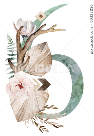 Watercolor green number 6 with antlers, dried leaves and tropical flowers bouquet, Boho illustration 99322850
