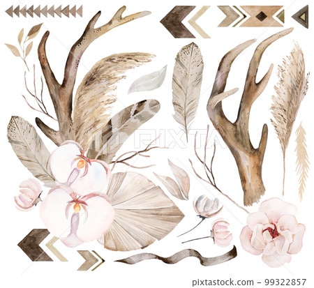 Watercolor deer antlers with tropical leaves and flowers bouquet and elements Wedding illustration Watercolor deer antlers with tropical leaves and flowers bouquet and elements Wedding illustration 99322857