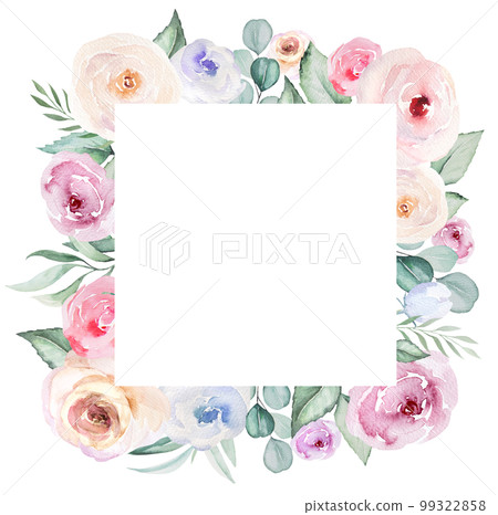 Square frame made of romantic pink watercolor flowers and light green leaves, pastel wedding element 99322858