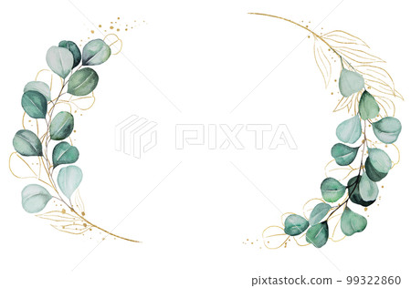Oval golden frame with green watercolor eucalyptus leaves, isolated wedding illustration 99322860