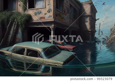 Flooding in the residental area after hurricane storm accident. Neural network AI generated art Flooding in the residental area after hurricane storm accident. Neural network AI generated art 99323079