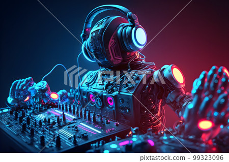 Robot disc jockey at the dj mixer and turntable plays nightclub during party. EDM entertainment party concept. Neural network AI generated art 99323096