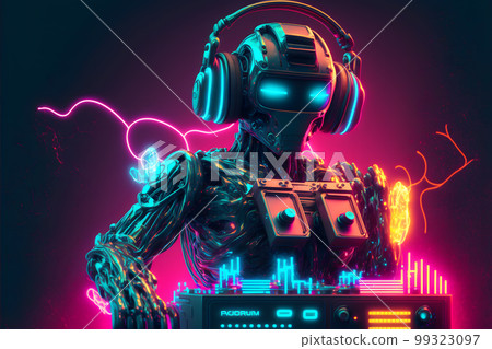Robot disc jockey at the dj mixer and turntable plays nightclub during party. EDM entertainment party concept. Neural network AI generated art Robot disc jockey at the dj mixer and turntable plays nightclub during party. EDM entertainment party concept. Neural network AI generated art 99323097