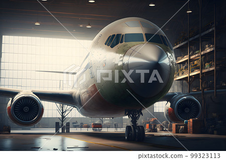 Big passenger aircraft on maintenace in airport hangar. Neural network AI generated art 99323113