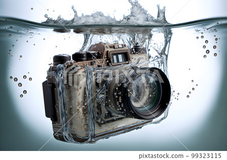 Modern SLR photocamera falling under water with water splashes. Neural network AI generated art 99323115