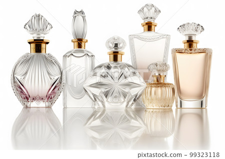 Different luxury perfume bottles on white background. Neural network AI generated art Different luxury perfume bottles on white background. Neural network AI generated art 99323118