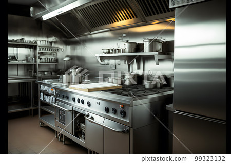 Professional restaurant kitchen interior with cooking supply and electronics. Neural network AI generated art 99323132