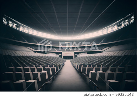 Interior view of an illuminated soccer stadium for a game. Neural network AI generated art 99323148