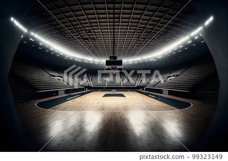Interior view of an illuminated basketball stadium for a game. Neural network AI generated art Interior view of an illuminated basketball stadium for a game. Neural network AI generated art 99323149
