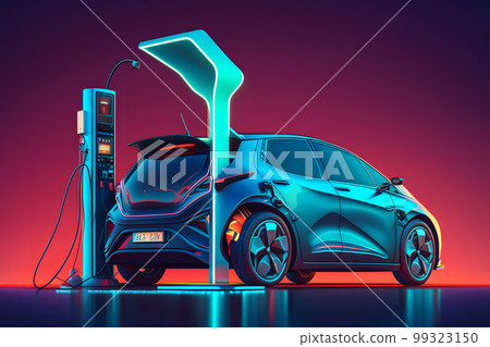Electric car at charging station with blue and red glowing on dark background. Neural network AI generated art 99323150