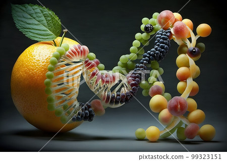 GMO food and Genetically modified crops or engineered agriculture concepts fruit and vegetables. Neural network AI generated art GMO food and Genetically modified crops or engineered agriculture concepts fruit and vegetables. Neural network AI generated art 99323151