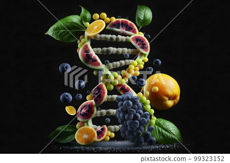 GMO food and Genetically modified crops or engineered agriculture concepts fruit and vegetables. Neural network AI generated art GMO food and Genetically modified crops or engineered agriculture concepts fruit and vegetables. Neural network AI generated art 99323152