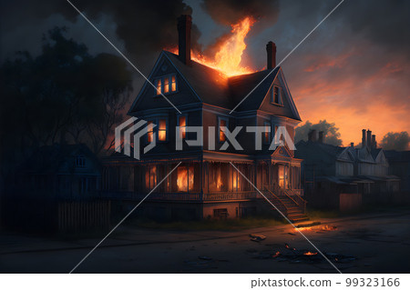 Residental building on fire accident in nighttime. Neural network AI generated art 99323166