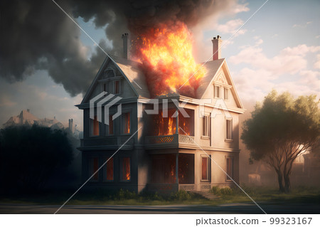 Multistorey residental or office building on fire. Neural network AI generated art 99323167