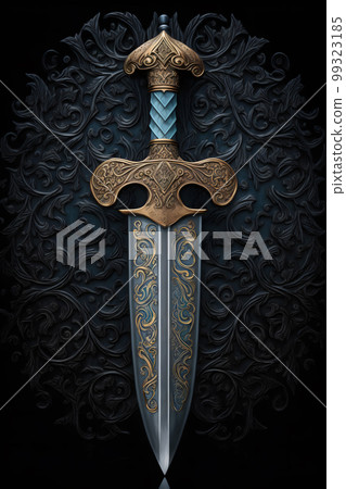 Medieval sword and scabbard. Fantasy golden sword with long blade. Neural network AI generated art 99323185