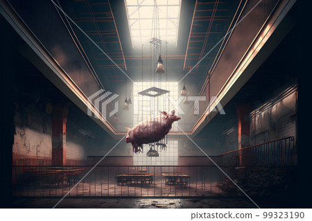 A lot of half cow chunks fresh hung and arranged in a large fridge in the abattoir fridge meat industry. Neural network AI generated art A lot of half cow chunks fresh hung and arranged in a large fridge in the abattoir fridge meat industry. Neural network AI generated art 99323190