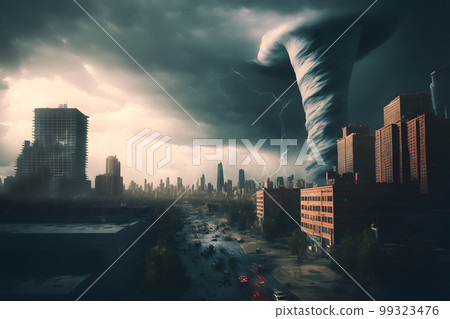 Tornado storm in city center with dark sky and bad weather. Neural network AI generated art Tornado storm in city center with dark sky and bad weather. Neural network AI generated art 99323476